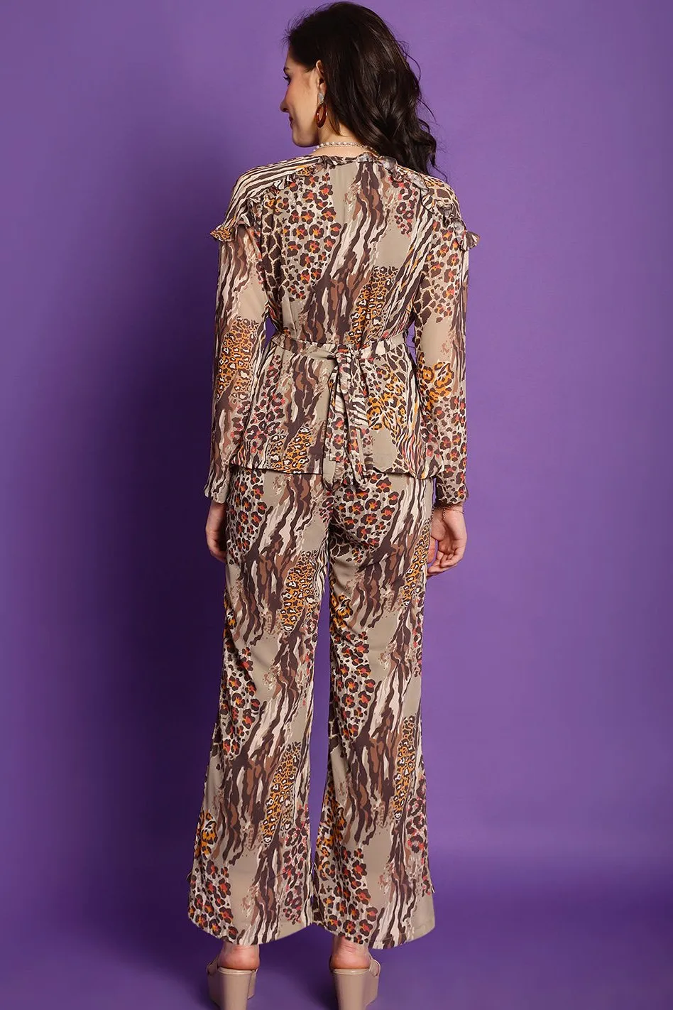 Brown & Orange Animal Printed Georgette Co-Ord Set for Women | S-XL | Claura