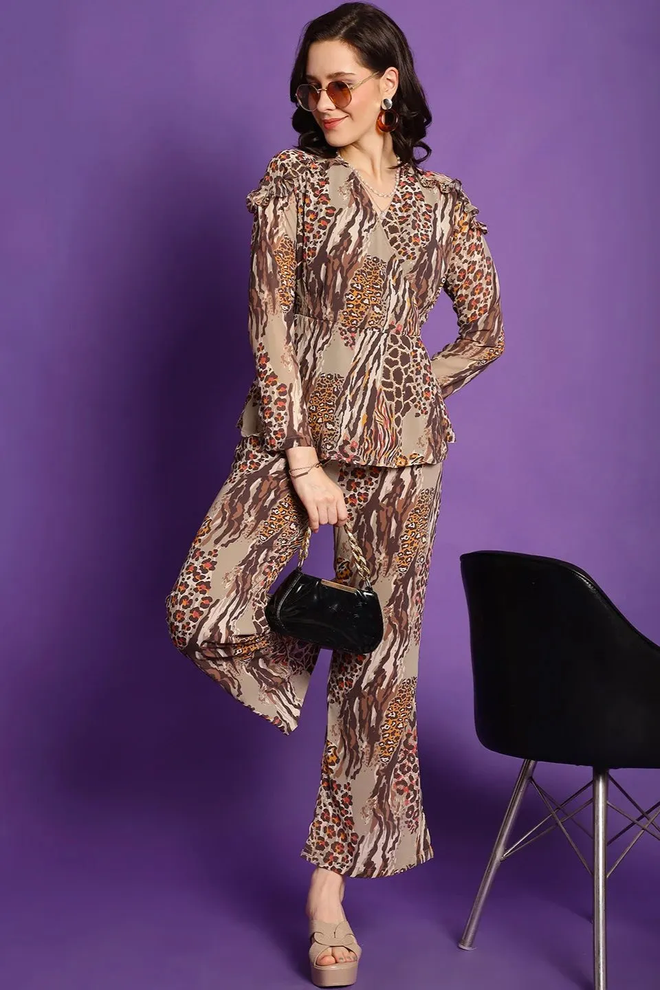 Brown & Orange Animal Printed Georgette Co-Ord Set for Women | S-XL | Claura