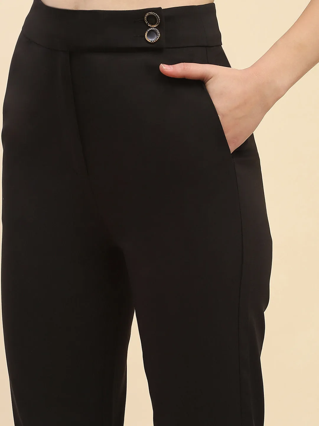 Camla Barcelona Solid Black Straight Fit Trouser
