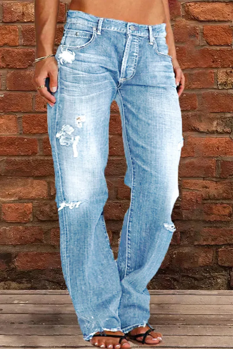 Casual Street Patchwork Ripped Straight Denim Jeans