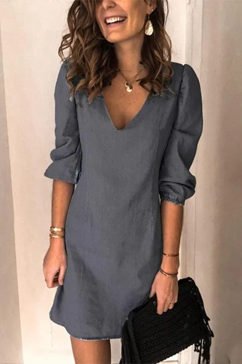 Chicindress Casual V Neck Elastic Cuff Sleeve Mini Dress(4 Colors)