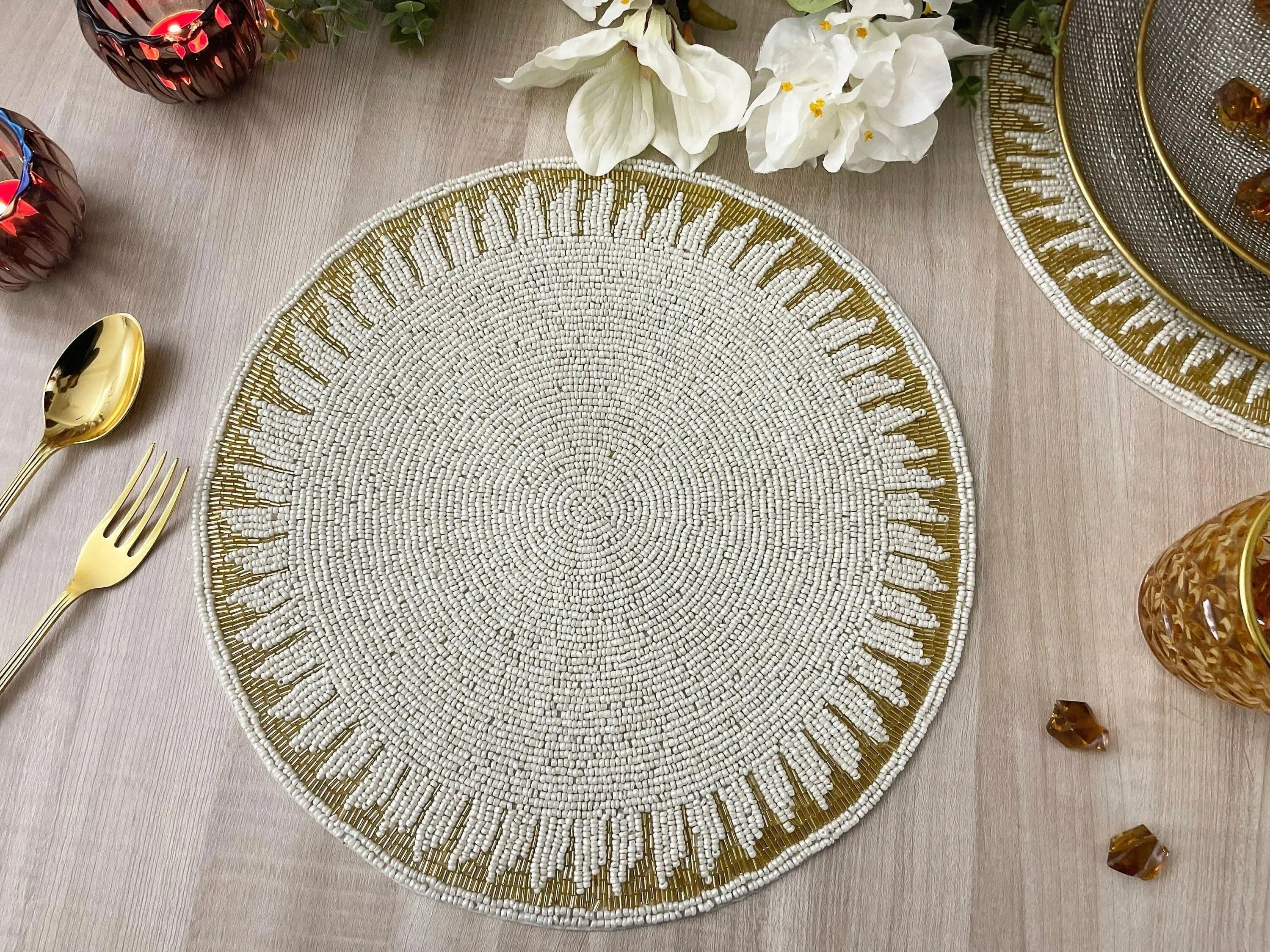 Christy Gold and White Round Beaded Placemat