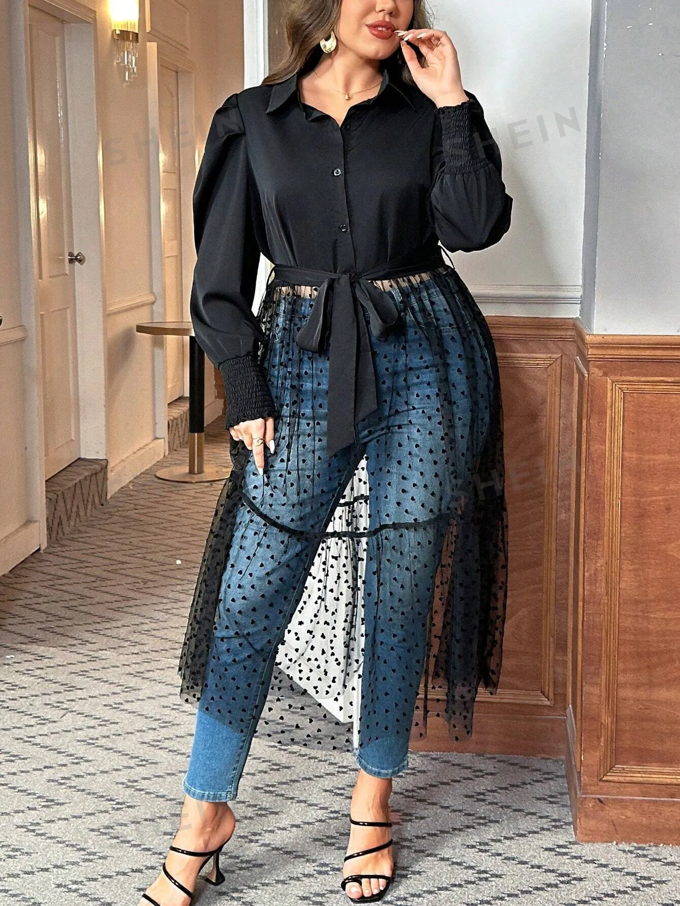 Clasi Plus Size Polka Dot Mesh Patchwork Puff Sleeve Dress