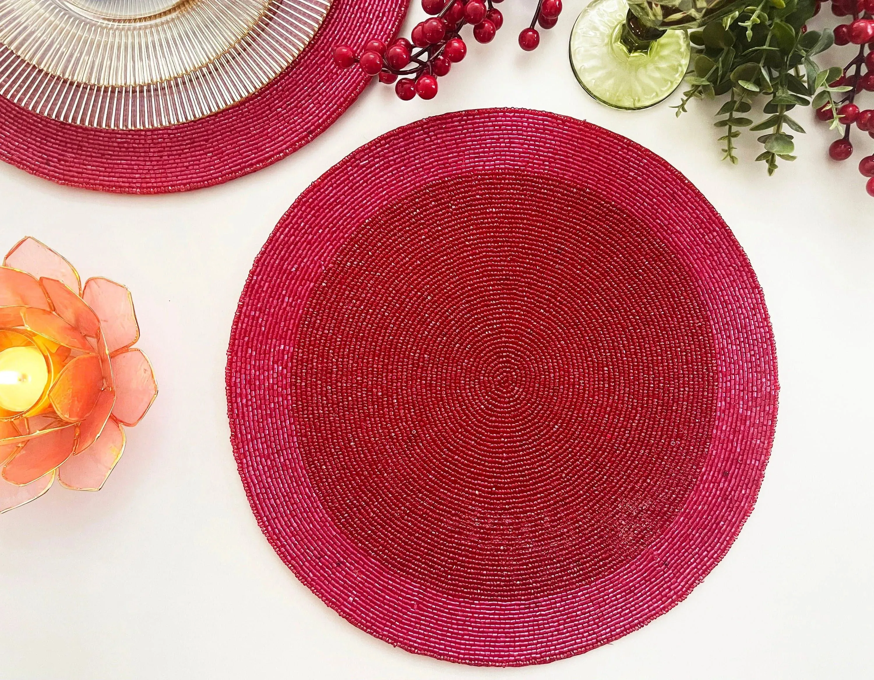 Classic Red Round Beaded Placemat - Set of 4