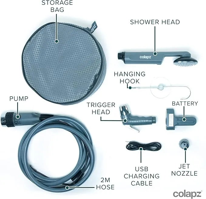 Colapz 12V Camping Shower - High-Pressure Portable Shower Douche - USB Rechargable Outdoor Shower - Camping Essentials