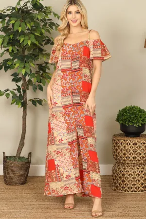 Cold Shoulder Slit Detail Printed Maxi Dress