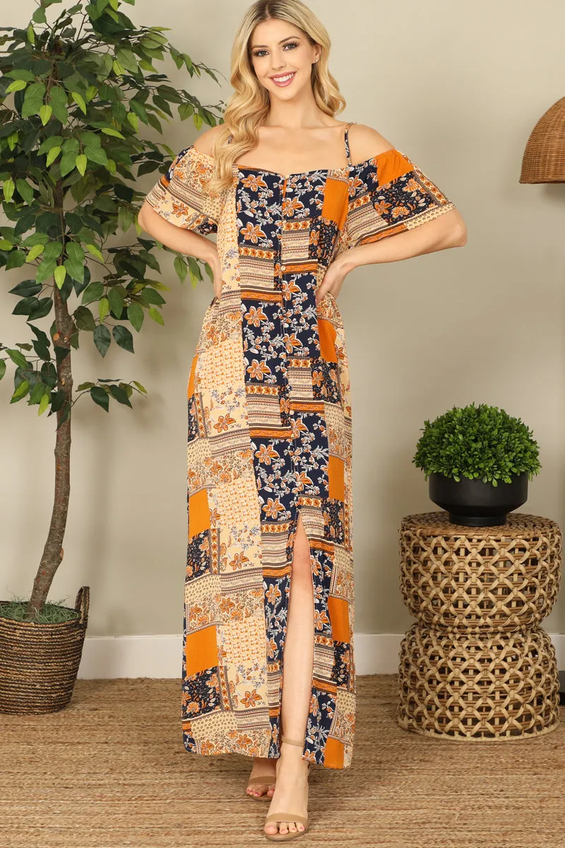Cold Shoulder Slit Detail Printed Maxi Dress