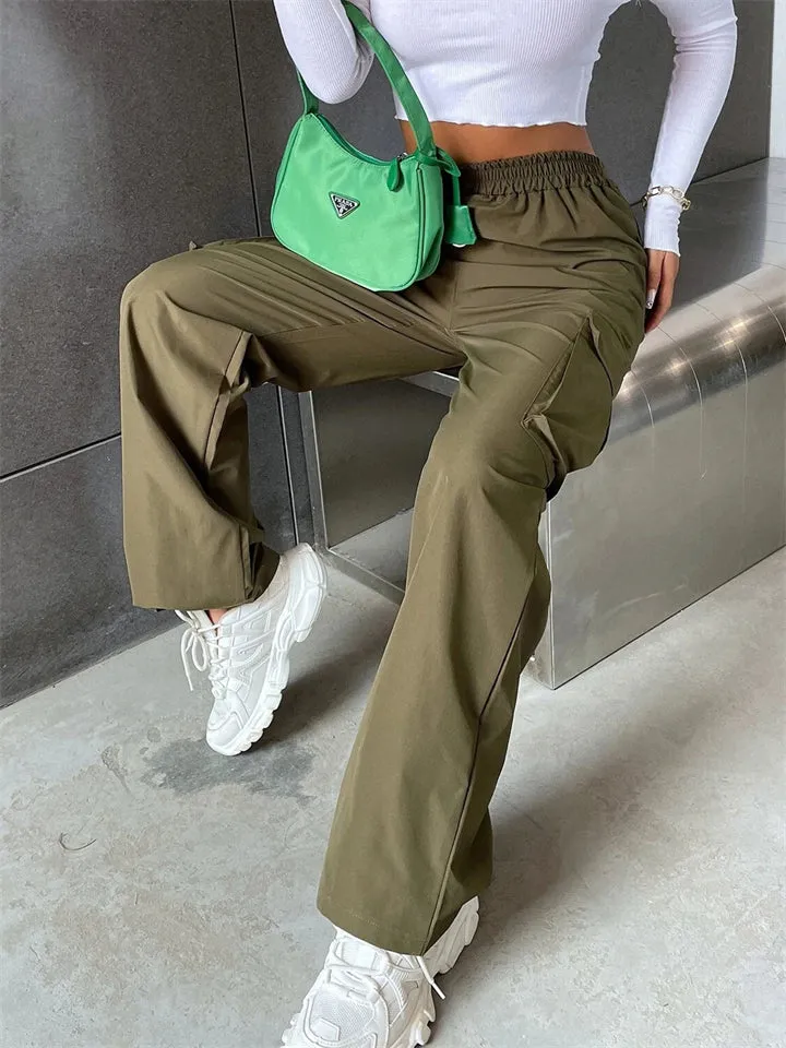 Cool Girl's Fashion Street Snap Elastic Waist Pocket Cargo Pants