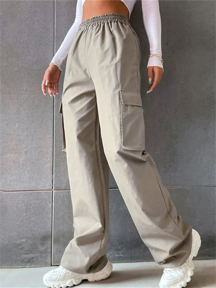 Cool Girl's Fashion Street Snap Elastic Waist Pocket Cargo Pants