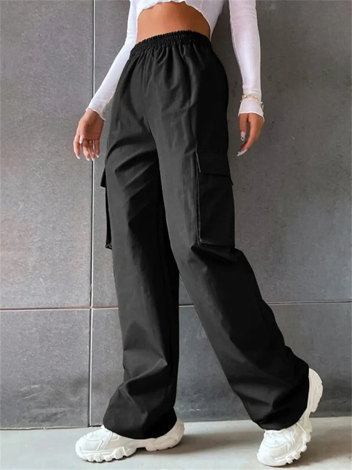 Cool Girl's Fashion Street Snap Elastic Waist Pocket Cargo Pants