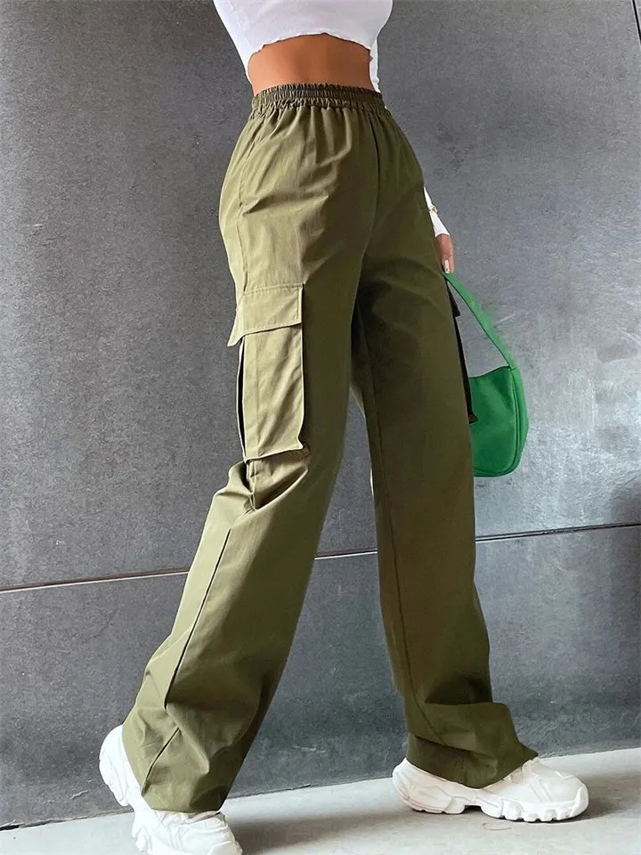Cool Girl's Fashion Street Snap Elastic Waist Pocket Cargo Pants