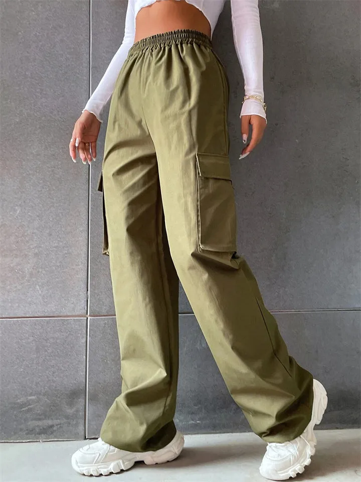 Cool Girl's Fashion Street Snap Elastic Waist Pocket Cargo Pants