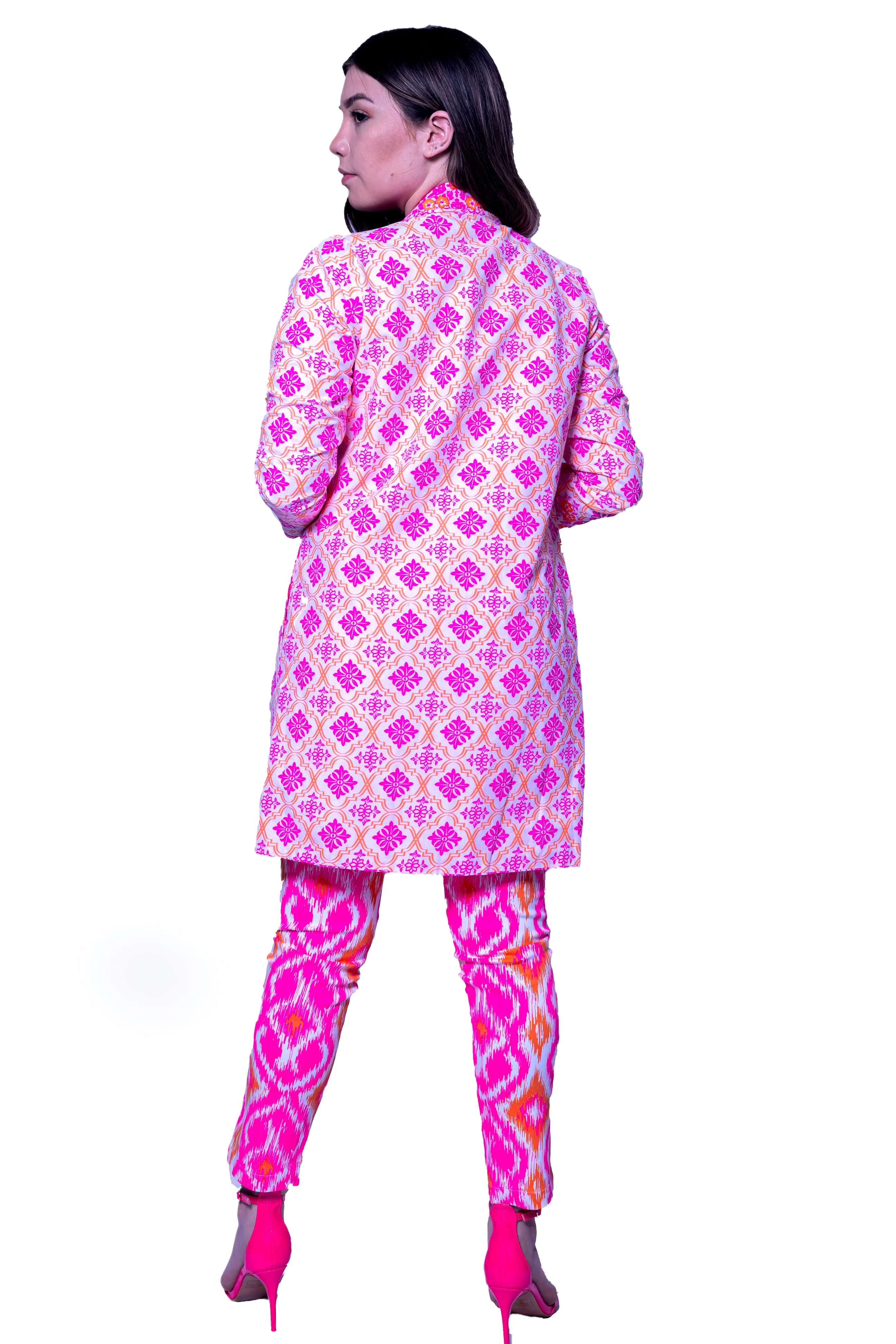 Cotton Printed Open Jacket Pink