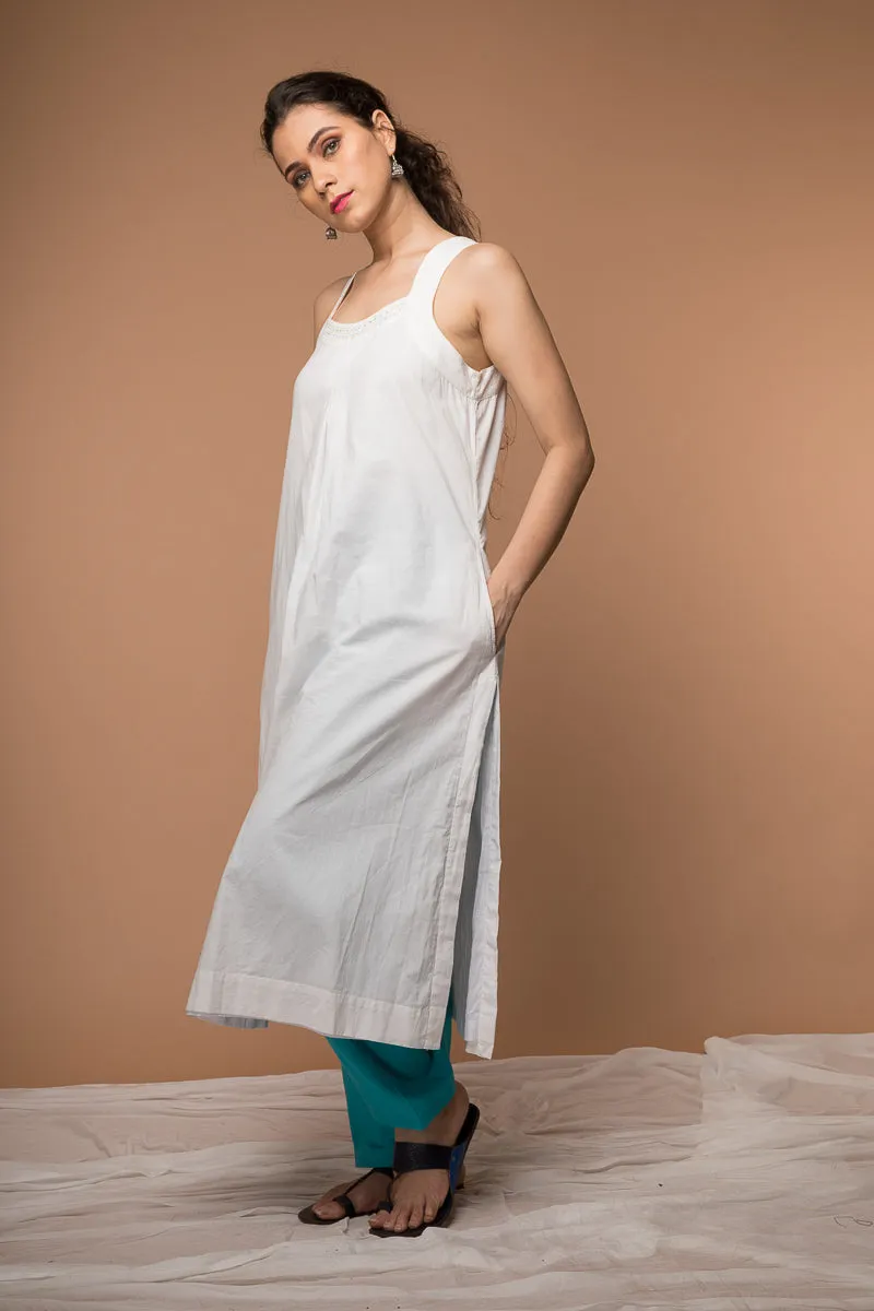 Cotton Razer back Kurta with Kantha embroidery and Pant in White & Aqua Blue (Set of 2)