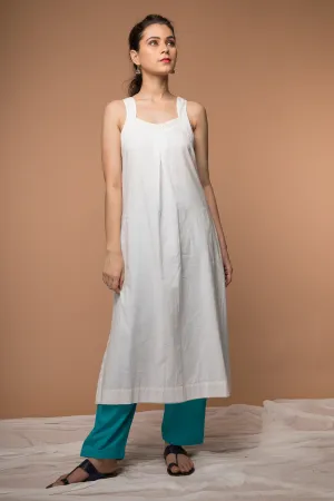 Cotton Razer back Kurta with Kantha embroidery and Pant in White & Aqua Blue (Set of 2)