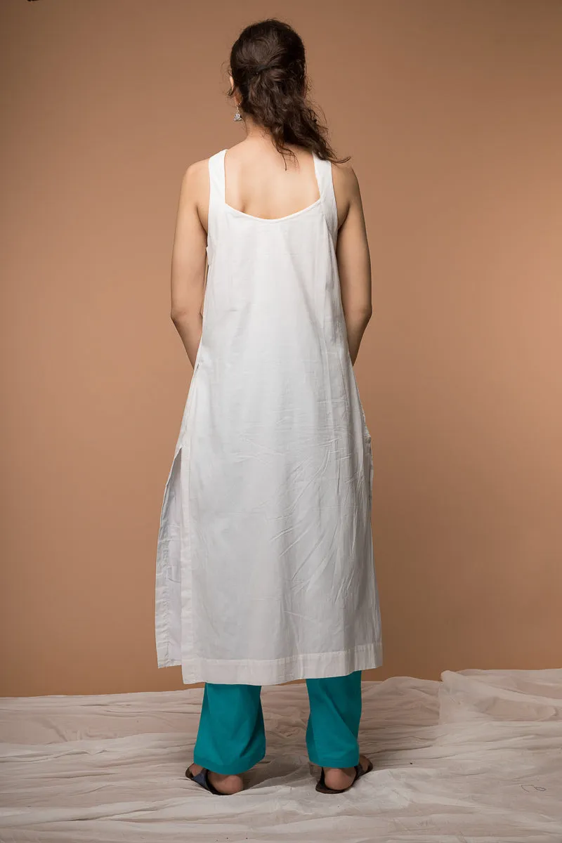 Cotton Razer back Kurta with Kantha embroidery and Pant in White & Aqua Blue (Set of 2)
