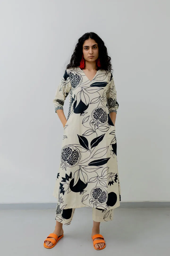 Cream pomegranate print Kurta and Pants set