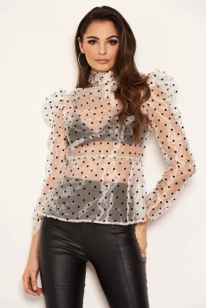 Cream Sheer Polka Dot Puff Sleeve Top