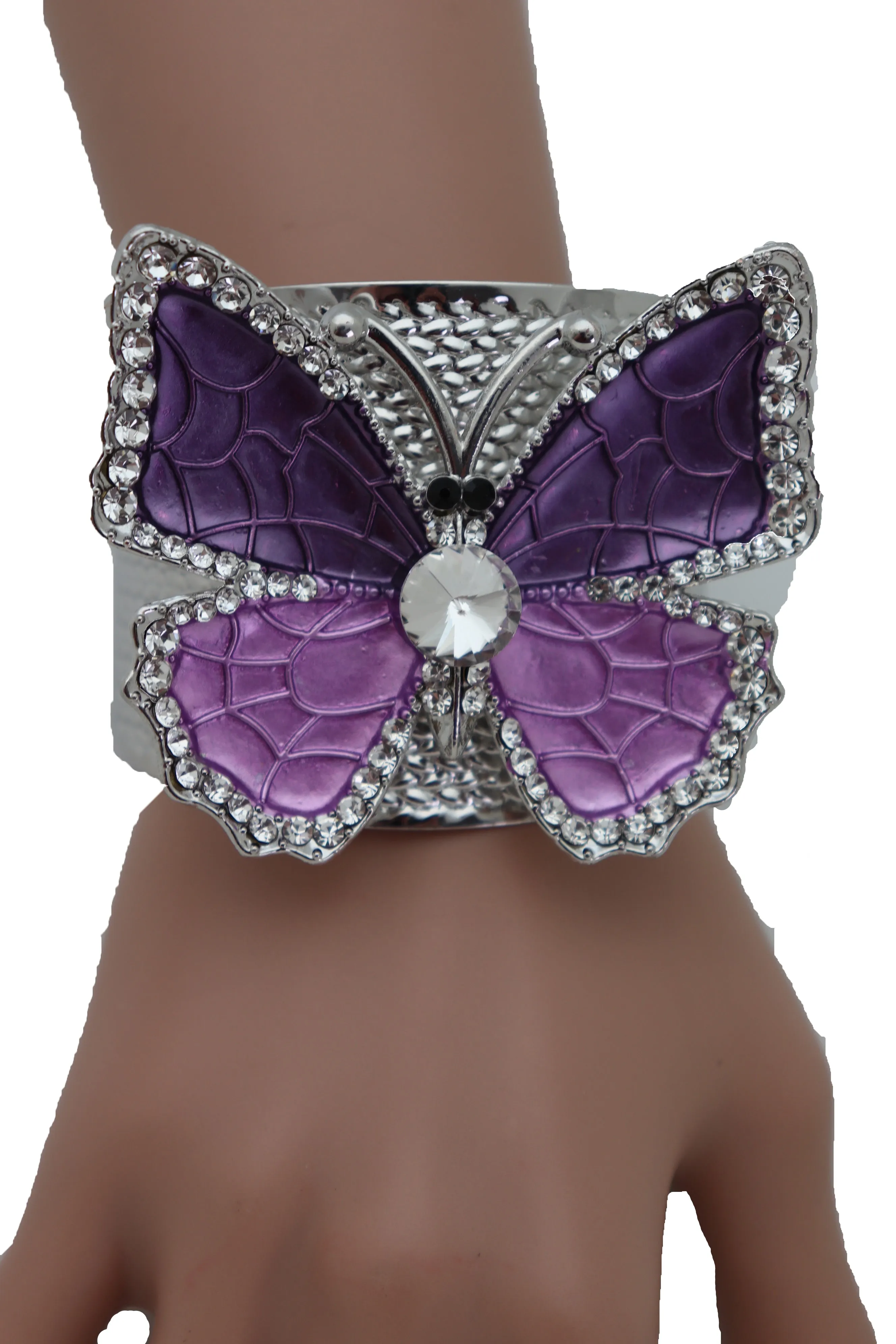Cuff Bracelet Silver Metal Butterfly Bling Elegant Jewelry Purple Lavender