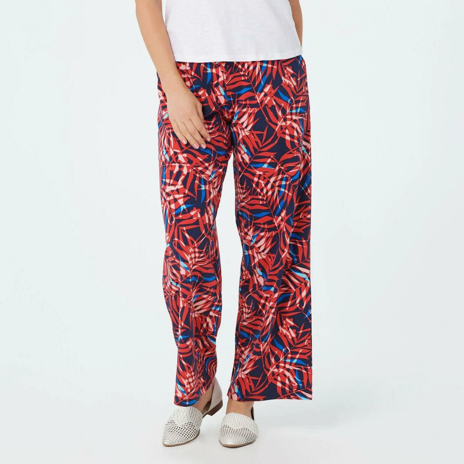 Denim & Co. Pull-On Wide Leg Beach Pants Navy / Red Palm Tall Medium