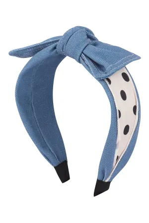 DENIM POLKA DOT PRINT KNOTTED RIBBON HEADBAND HAIR ACCESSORIES