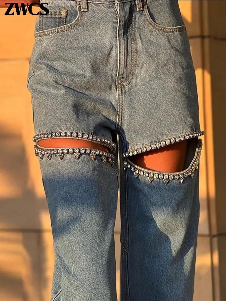 Diamond Hollow Out Distressed Jeans Women's Zipper Blue Loose Straight Denim Pants Spring Summer Casual Chic Streetwear