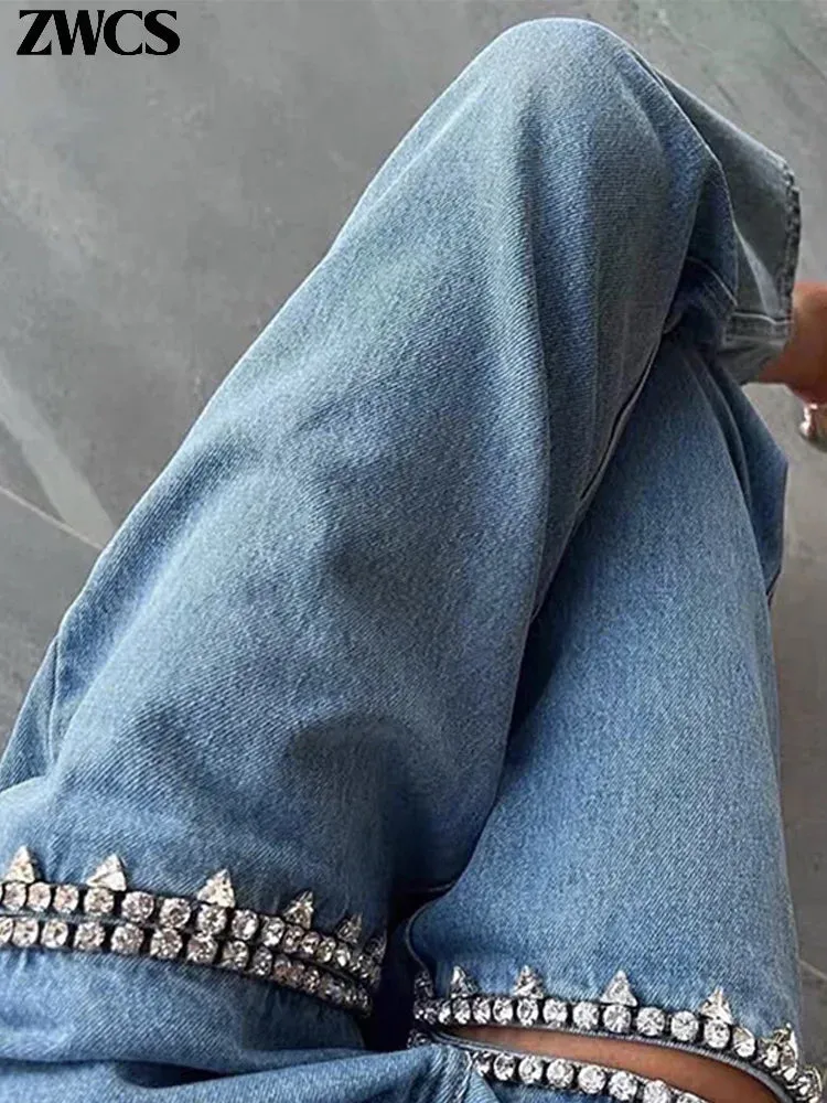 Diamond Hollow Out Distressed Jeans Women's Zipper Blue Loose Straight Denim Pants Spring Summer Casual Chic Streetwear