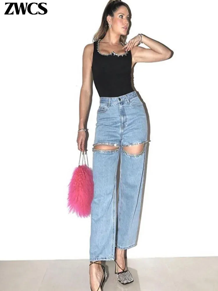 Diamond Hollow Out Distressed Jeans Women's Zipper Blue Loose Straight Denim Pants Spring Summer Casual Chic Streetwear