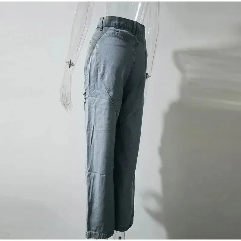 Diamond Hollow Out Distressed Jeans Women's Zipper Blue Loose Straight Denim Pants Spring Summer Casual Chic Streetwear