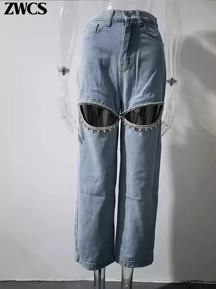 Diamond Hollow Out Distressed Jeans Women's Zipper Blue Loose Straight Denim Pants Spring Summer Casual Chic Streetwear