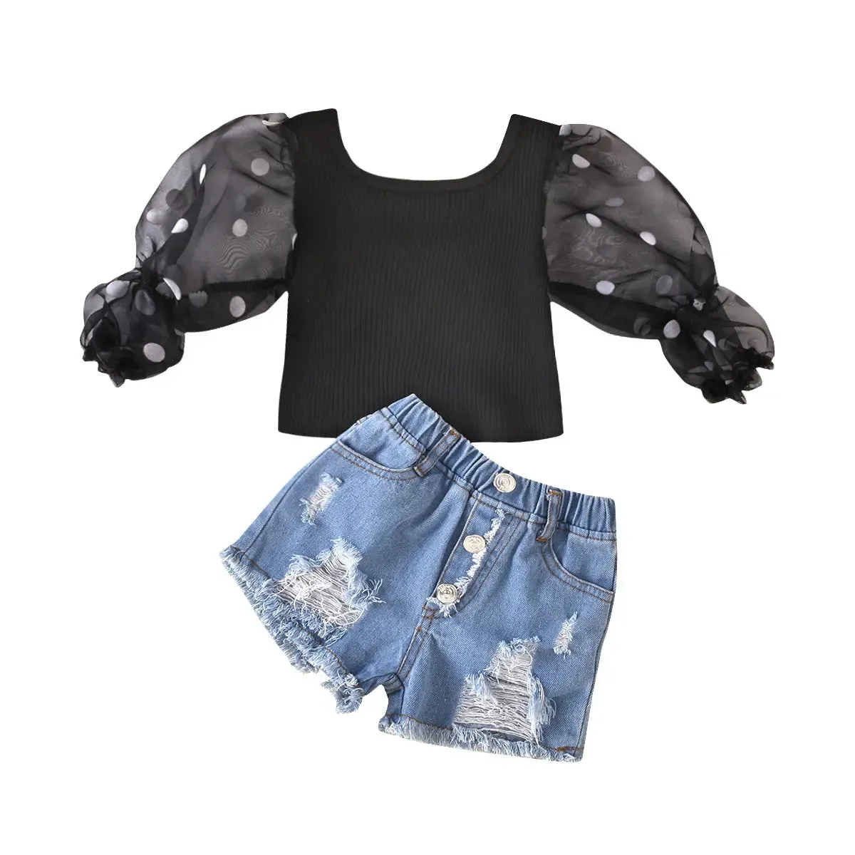 Dot Mesh Shirt and Denim Shorts