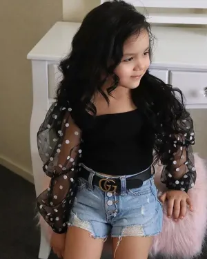Dot Mesh Shirt and Denim Shorts
