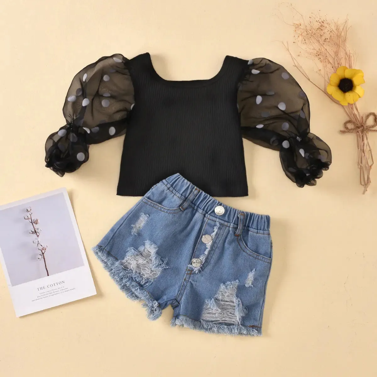 Dot Mesh Shirt and Denim Shorts