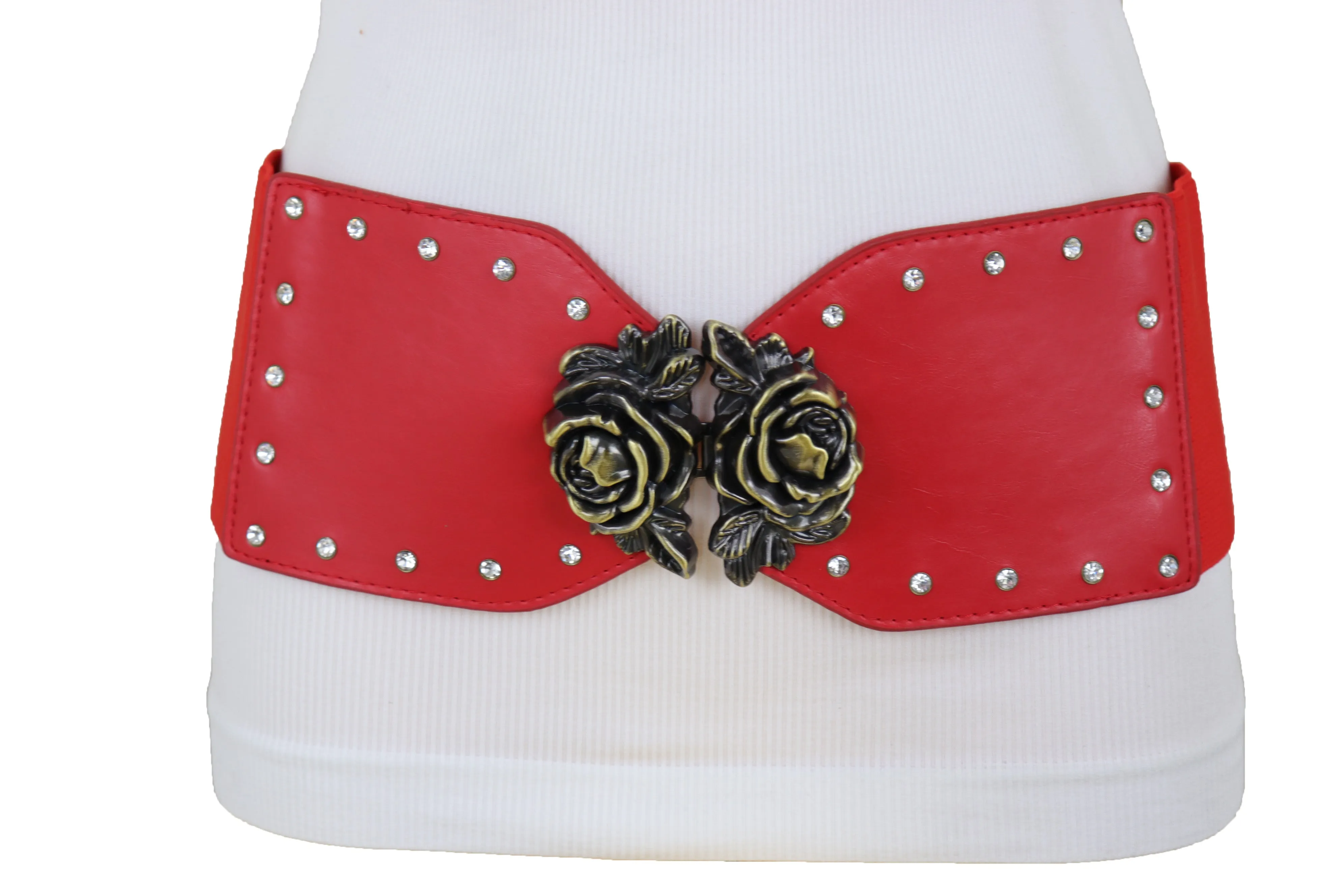 Elastic Red Fashion Belt Hip High Waist Gold Rose Metal Buckle Size S M