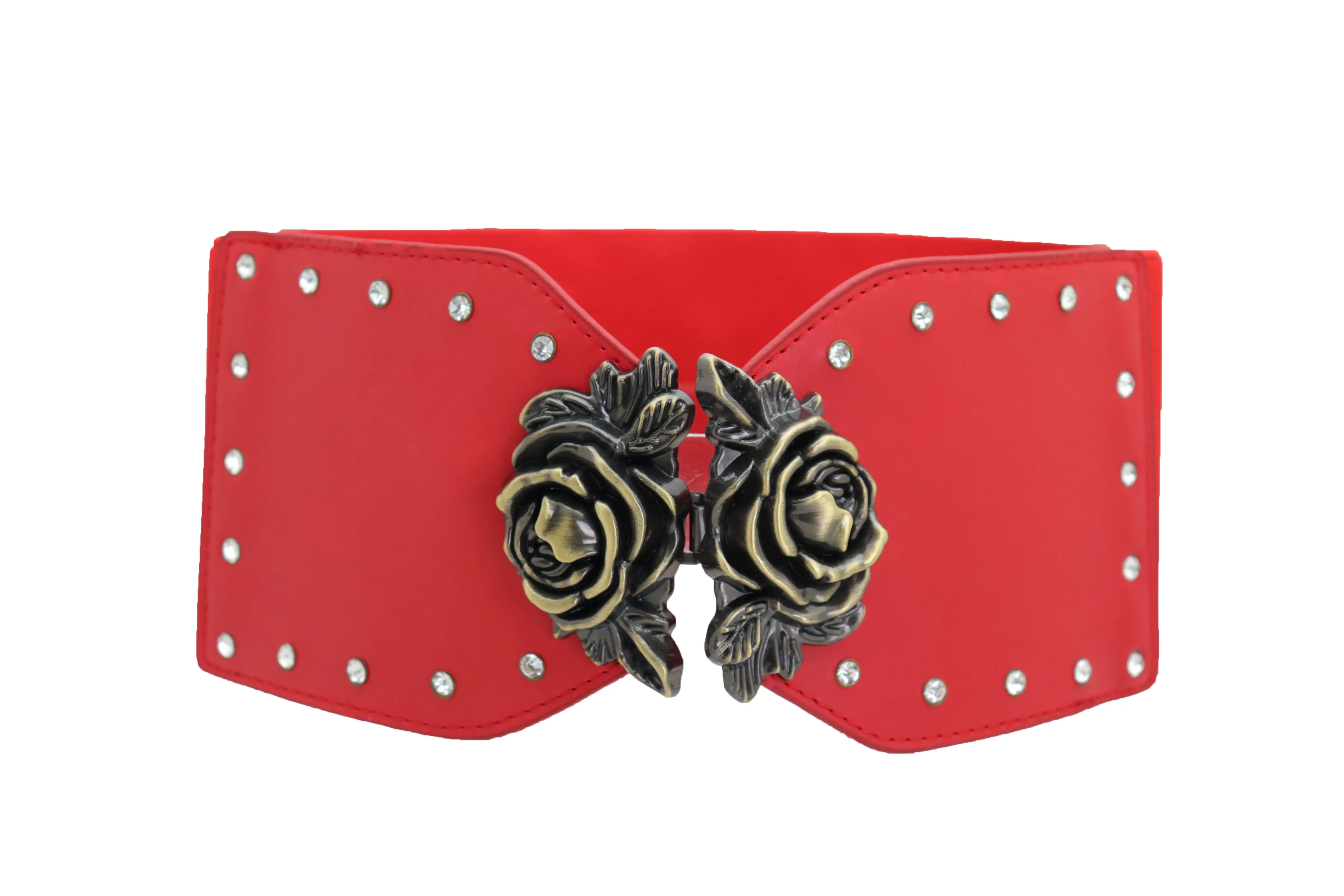 Elastic Red Fashion Belt Hip High Waist Gold Rose Metal Buckle Size S M