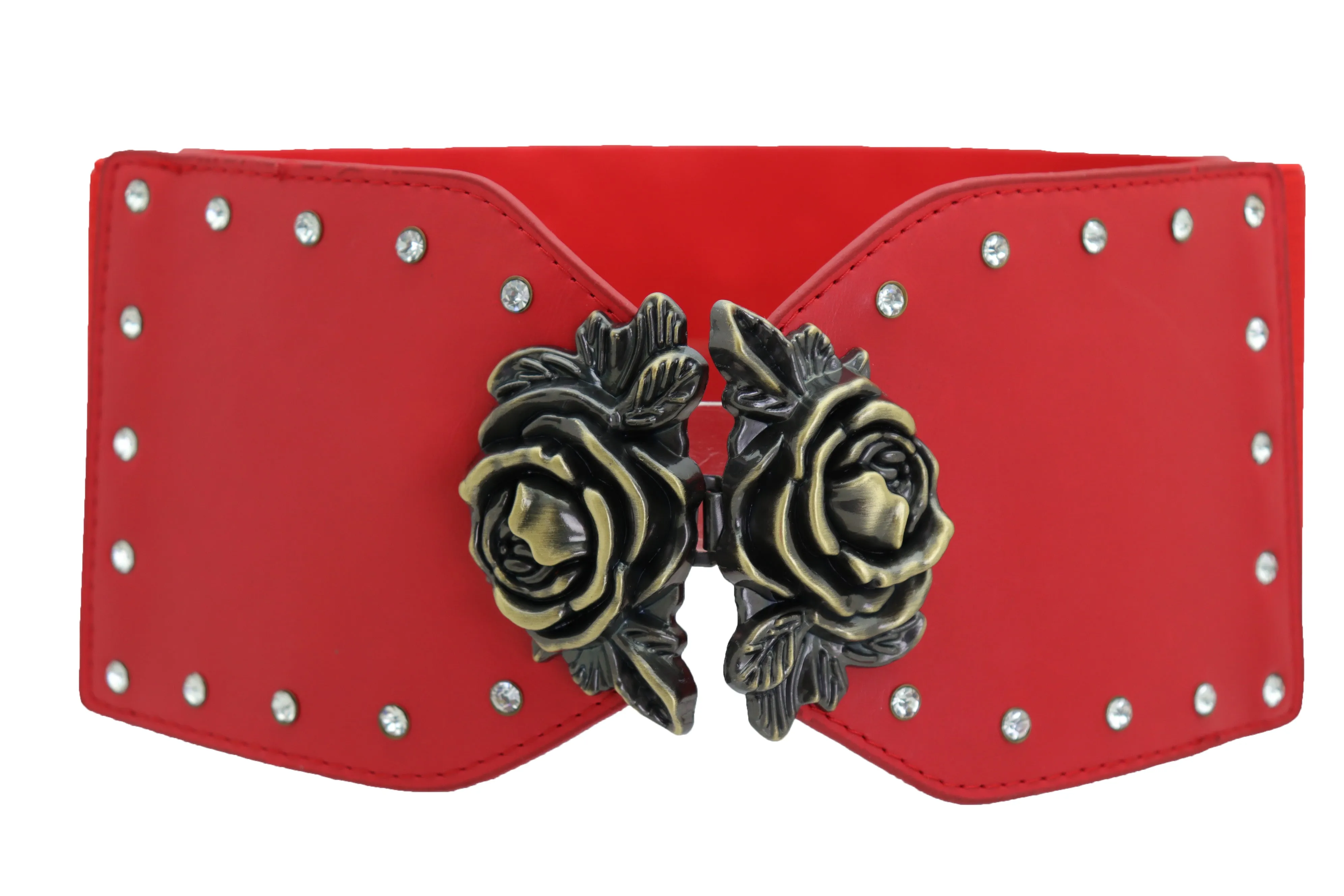 Elastic Red Fashion Belt Hip High Waist Gold Rose Metal Buckle Size S M