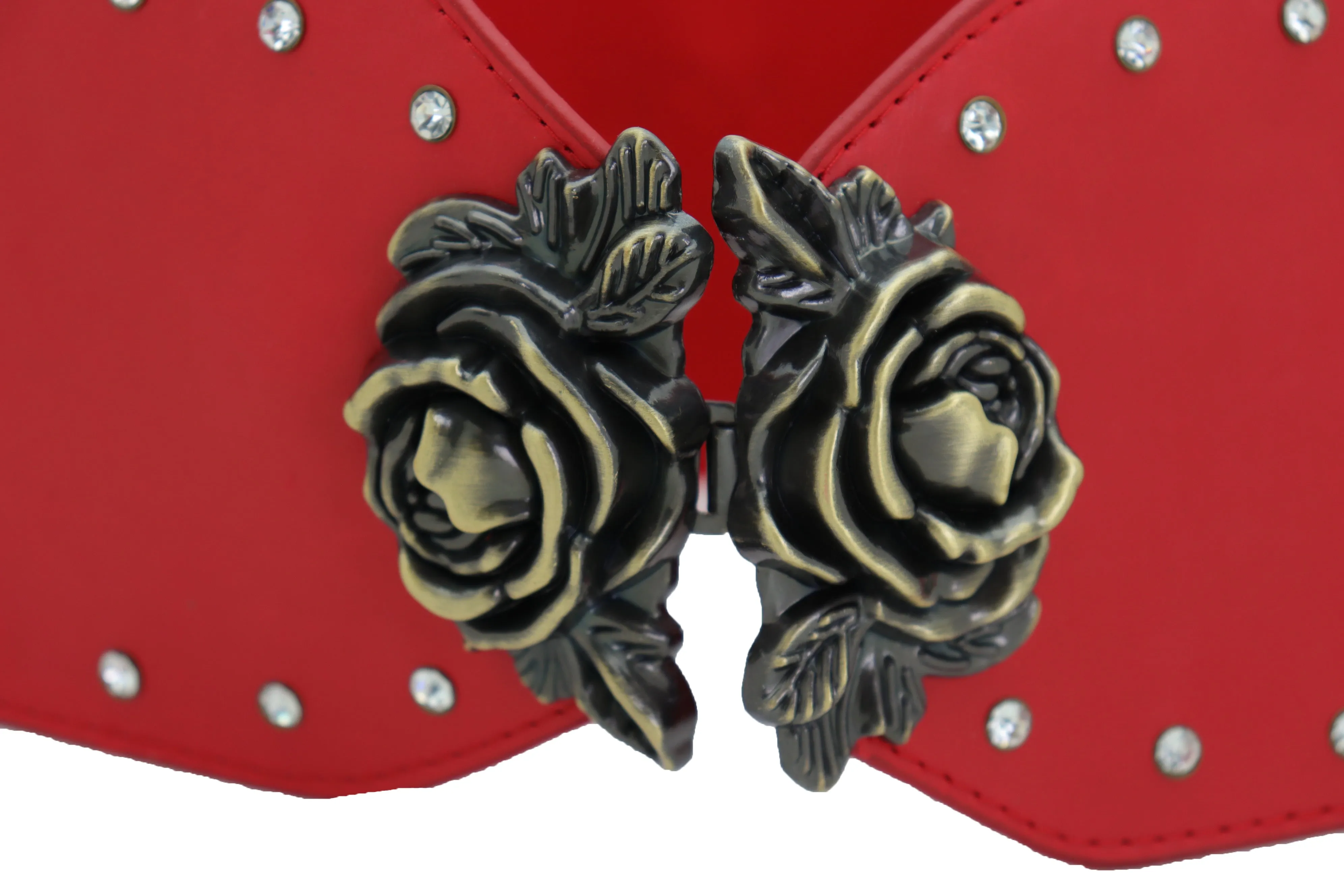 Elastic Red Fashion Belt Hip High Waist Gold Rose Metal Buckle Size S M