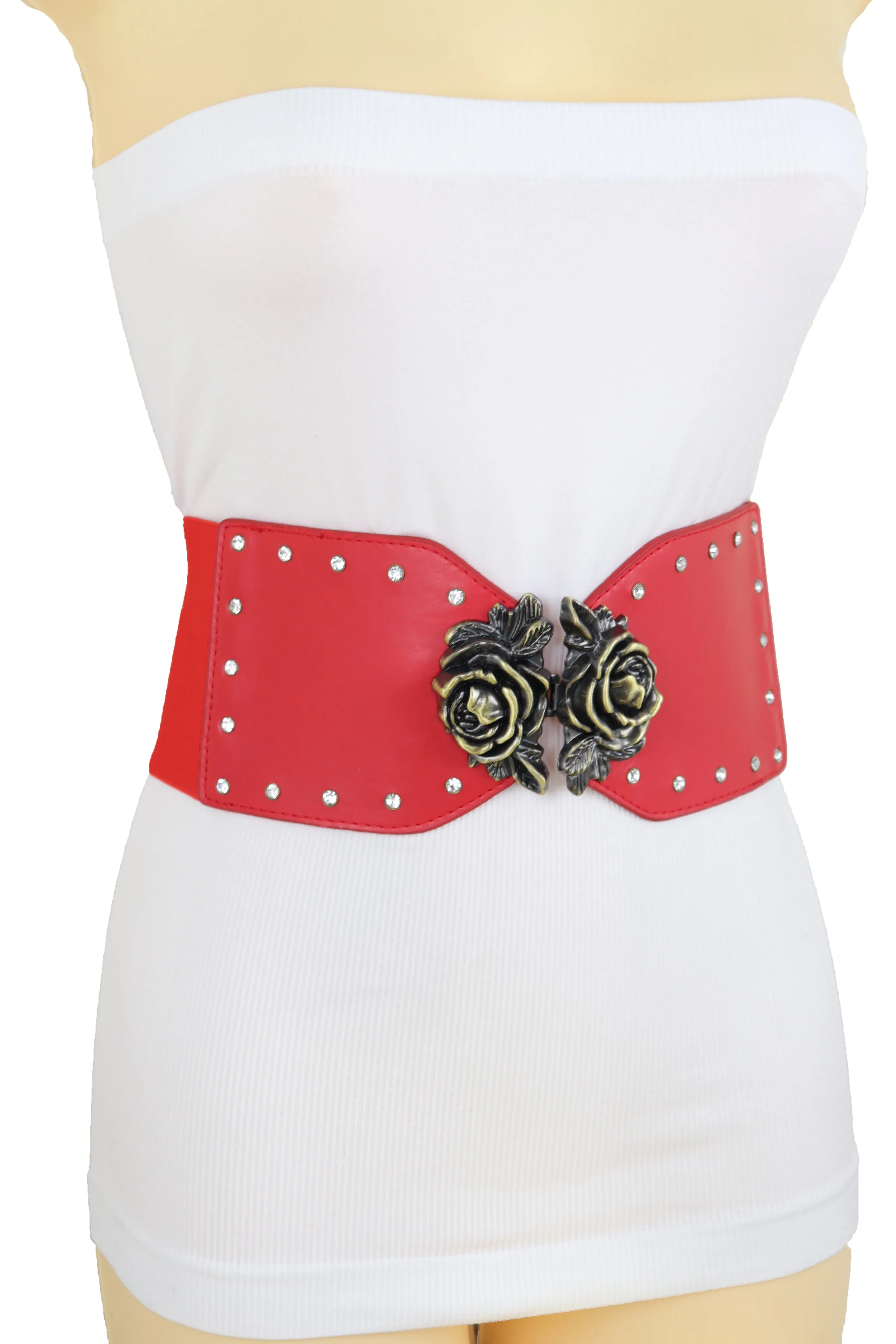 Elastic Red Fashion Belt Hip High Waist Gold Rose Metal Buckle Size S M