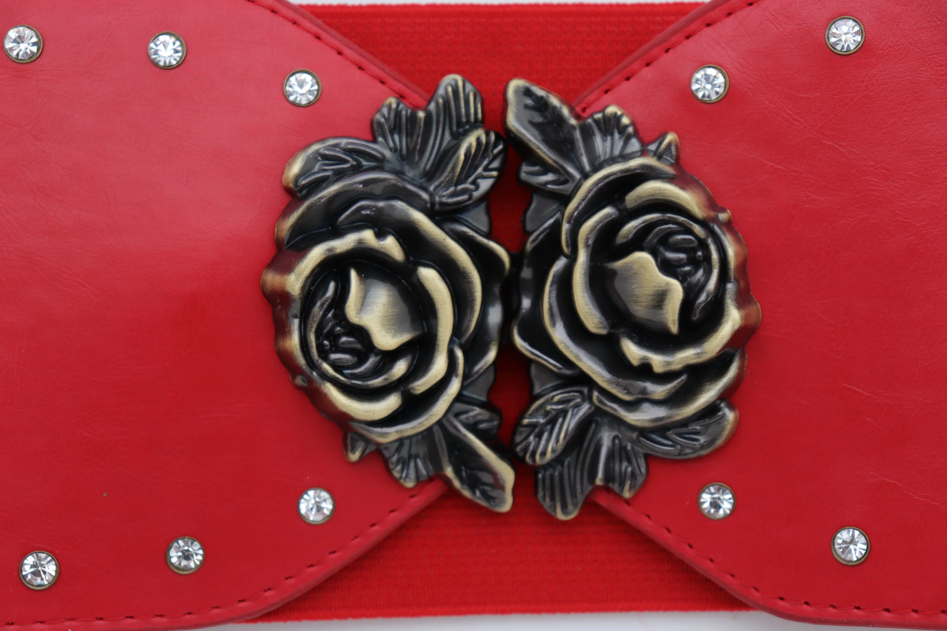 Elastic Red Fashion Belt Hip High Waist Gold Rose Metal Buckle Size S M