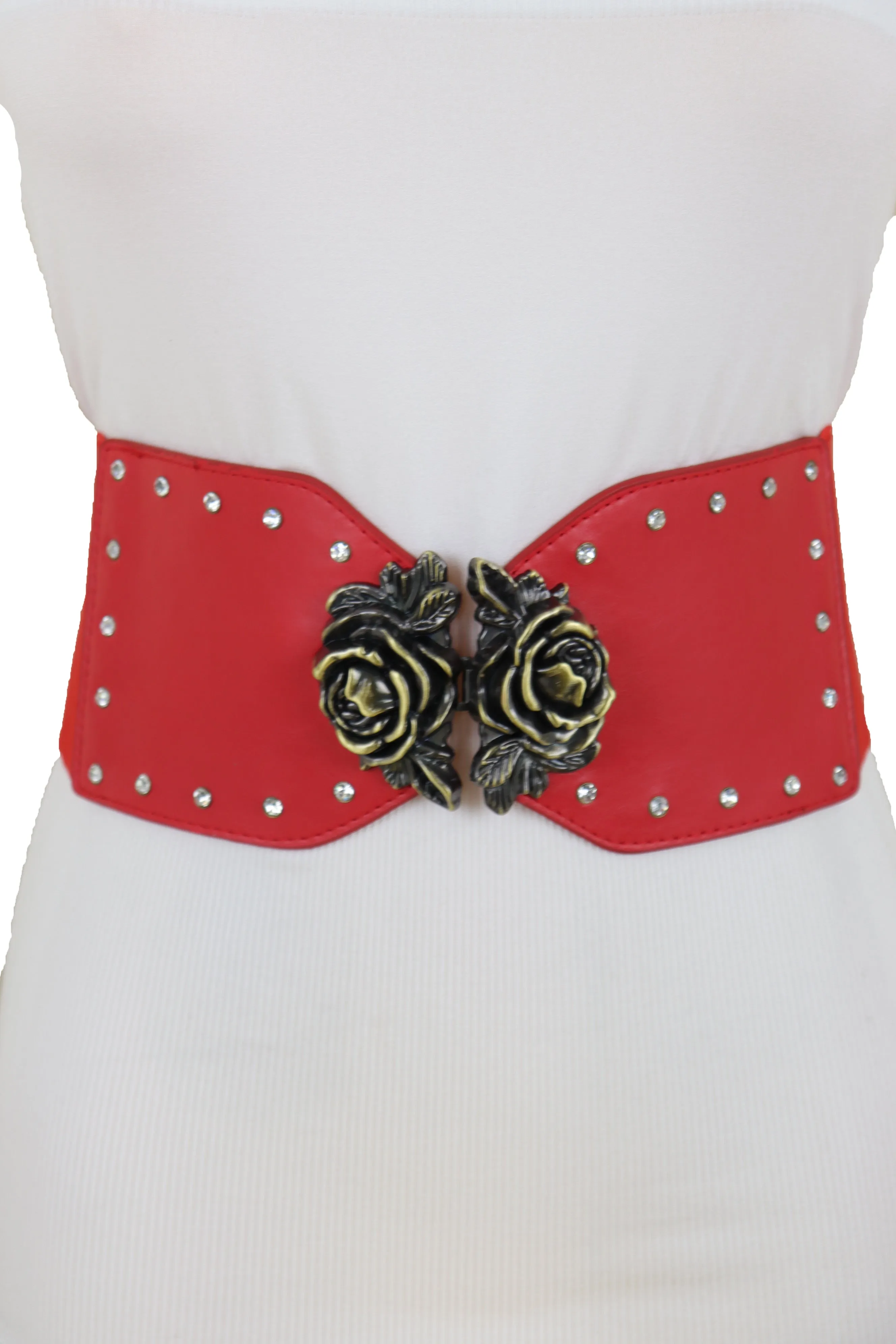Elastic Red Fashion Belt Hip High Waist Gold Rose Metal Buckle Size S M
