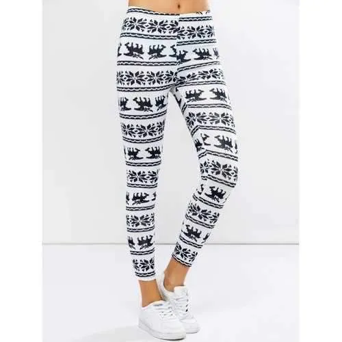 Elk Graphic Christmas Leggings - White S
