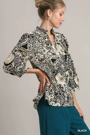 Ellie Paisley Print Ruffle Trim Top in Black