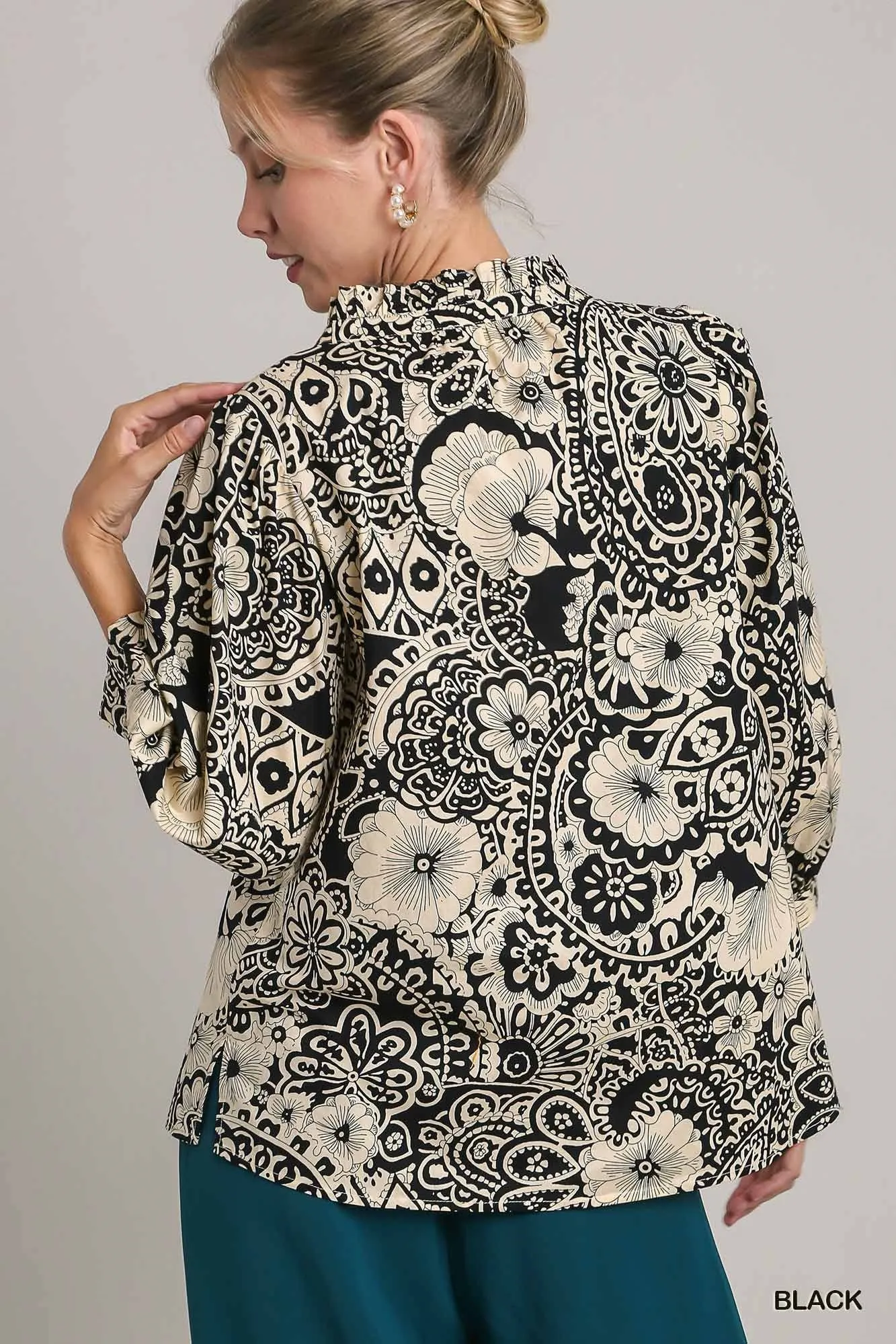 Ellie Paisley Print Ruffle Trim Top in Black