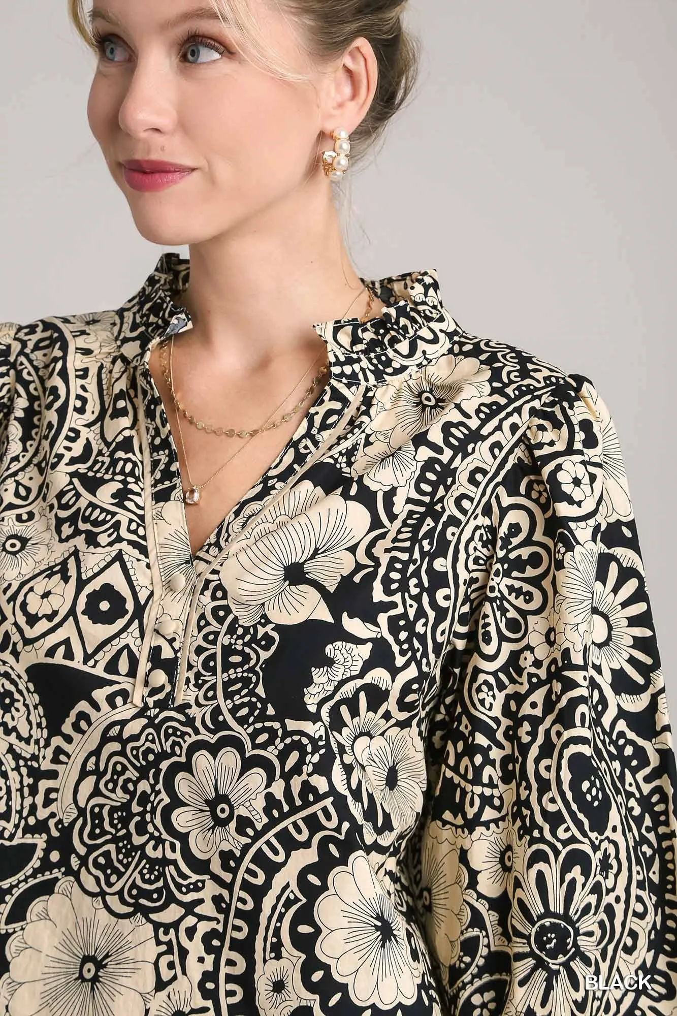 Ellie Paisley Print Ruffle Trim Top in Black