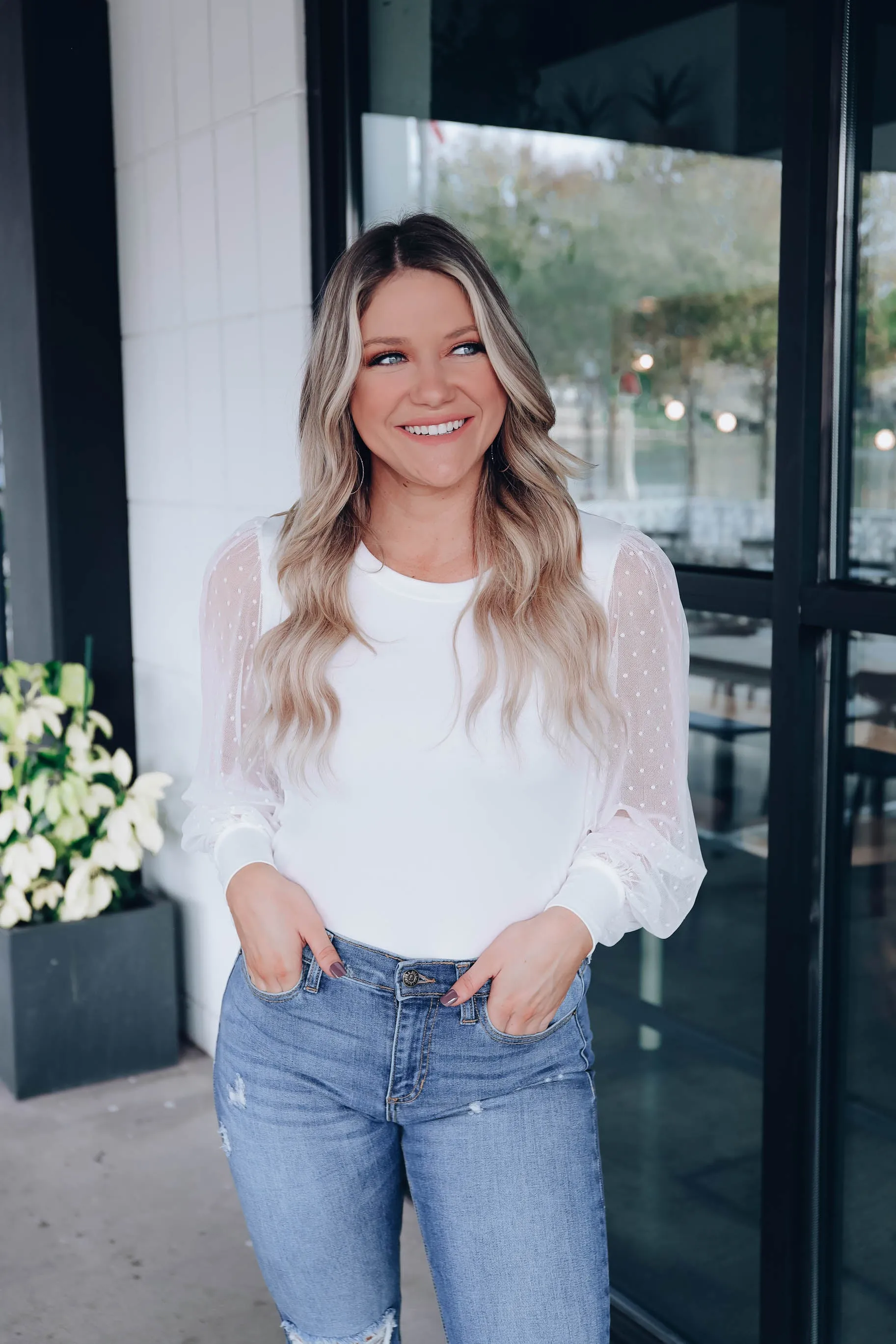 Essence Mesh Sleeve Top- Ivory