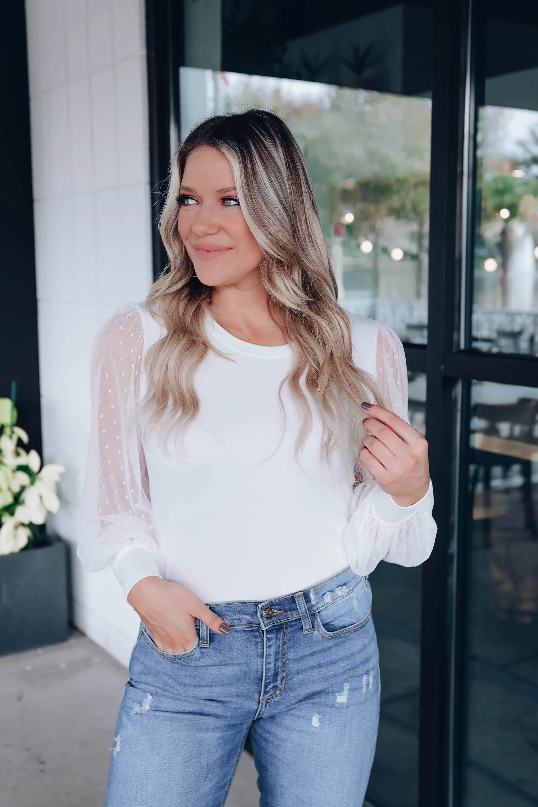 Essence Mesh Sleeve Top- Ivory