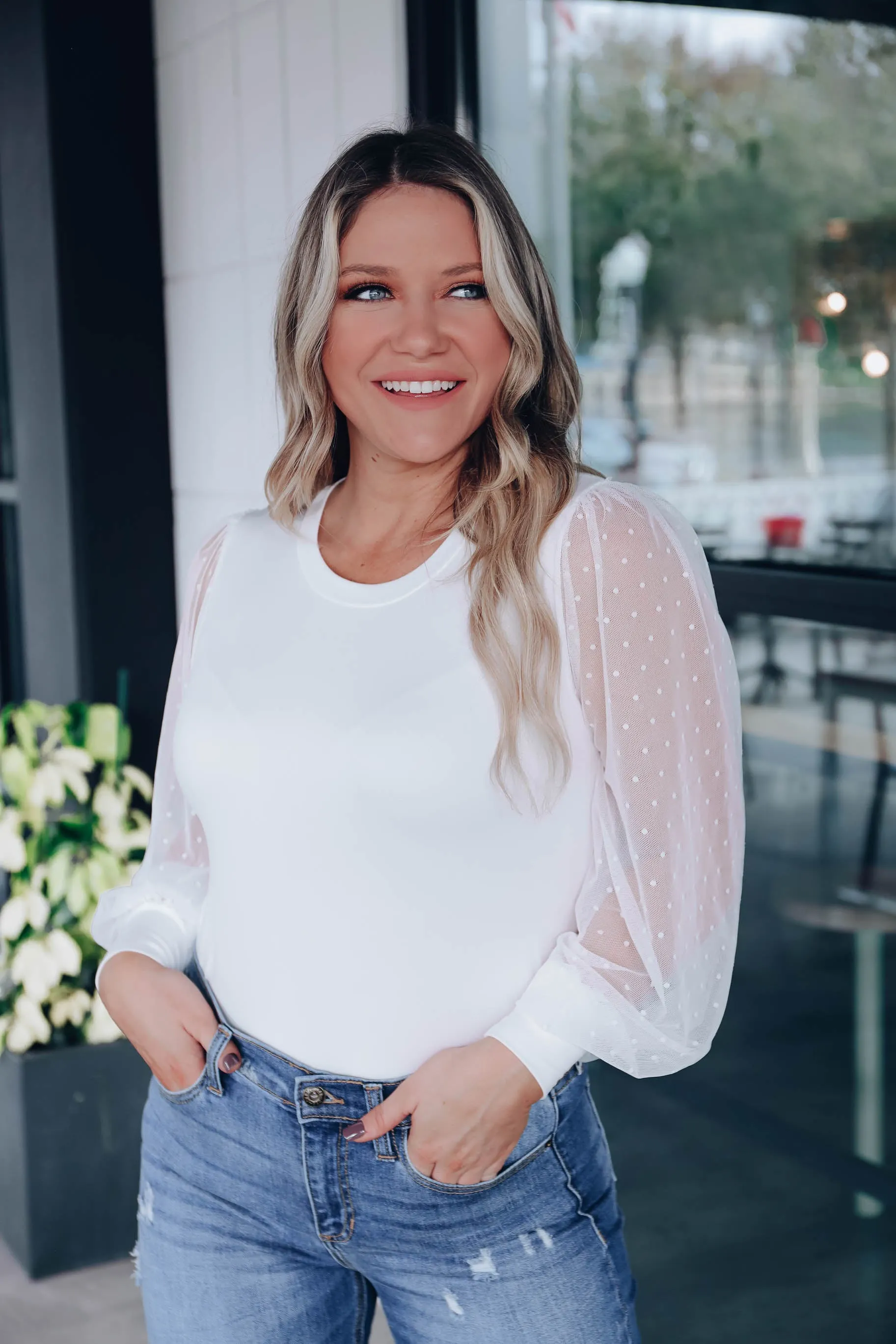 Essence Mesh Sleeve Top- Ivory