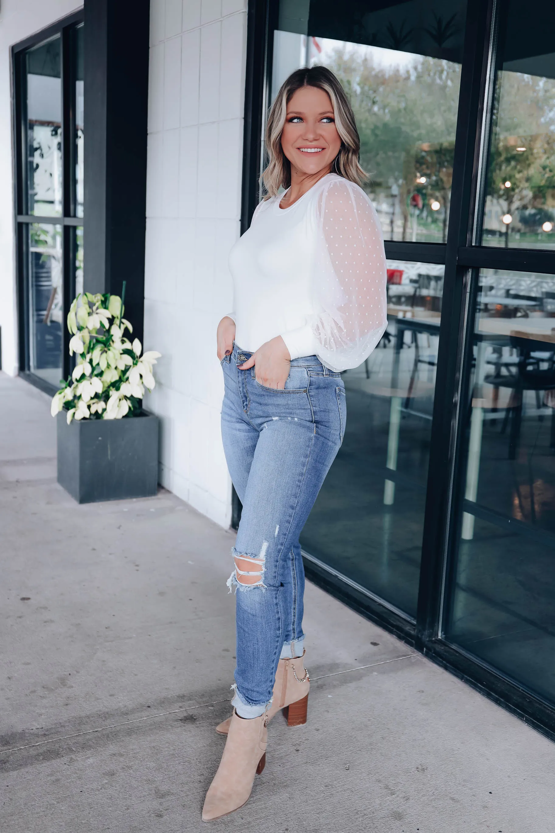 Essence Mesh Sleeve Top- Ivory