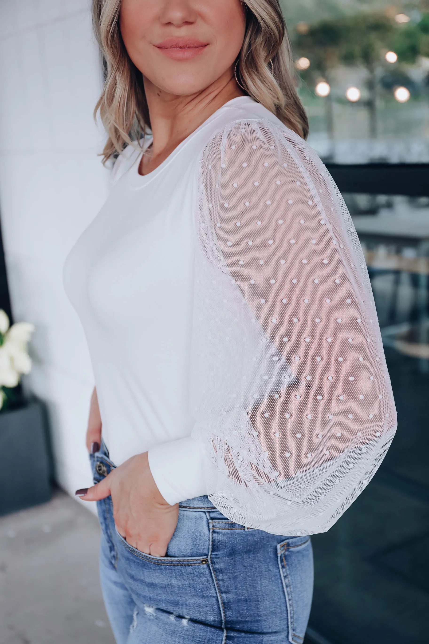 Essence Mesh Sleeve Top- Ivory