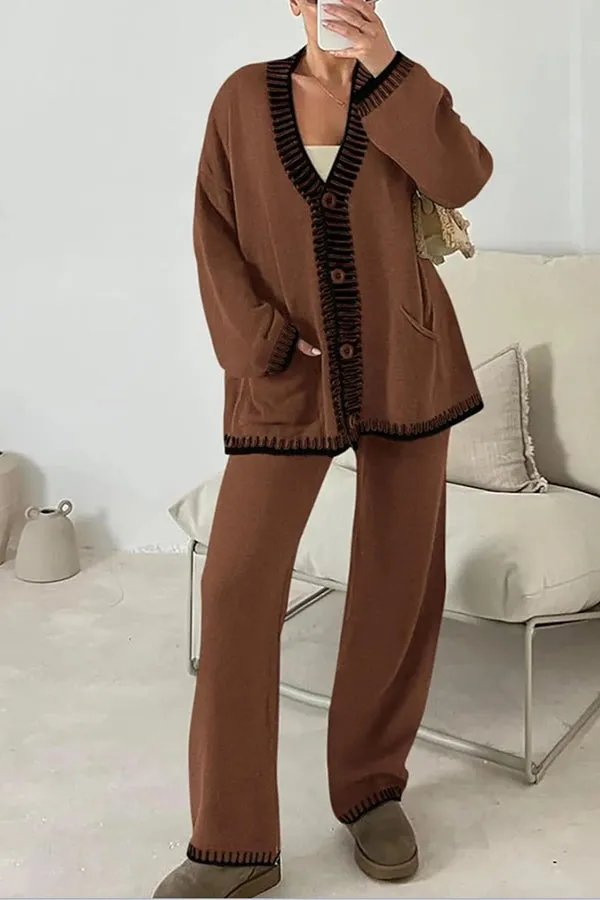 Fashion Casual Knitted Long Sleeve Pocket Cardigan and Elastic Waist Loose Wide Leg Pants Set